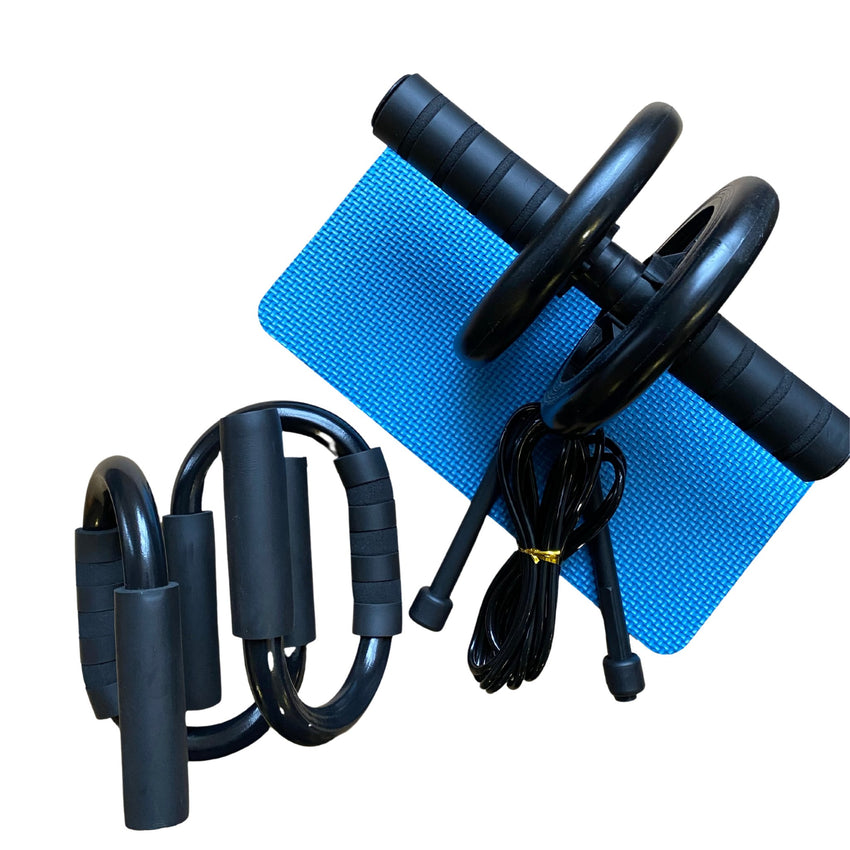 3 in 1 Home Gym Kit Ab Abdominal Exercise Roller Set with Push-Up Bar, Skipping Rope and Knee Pad